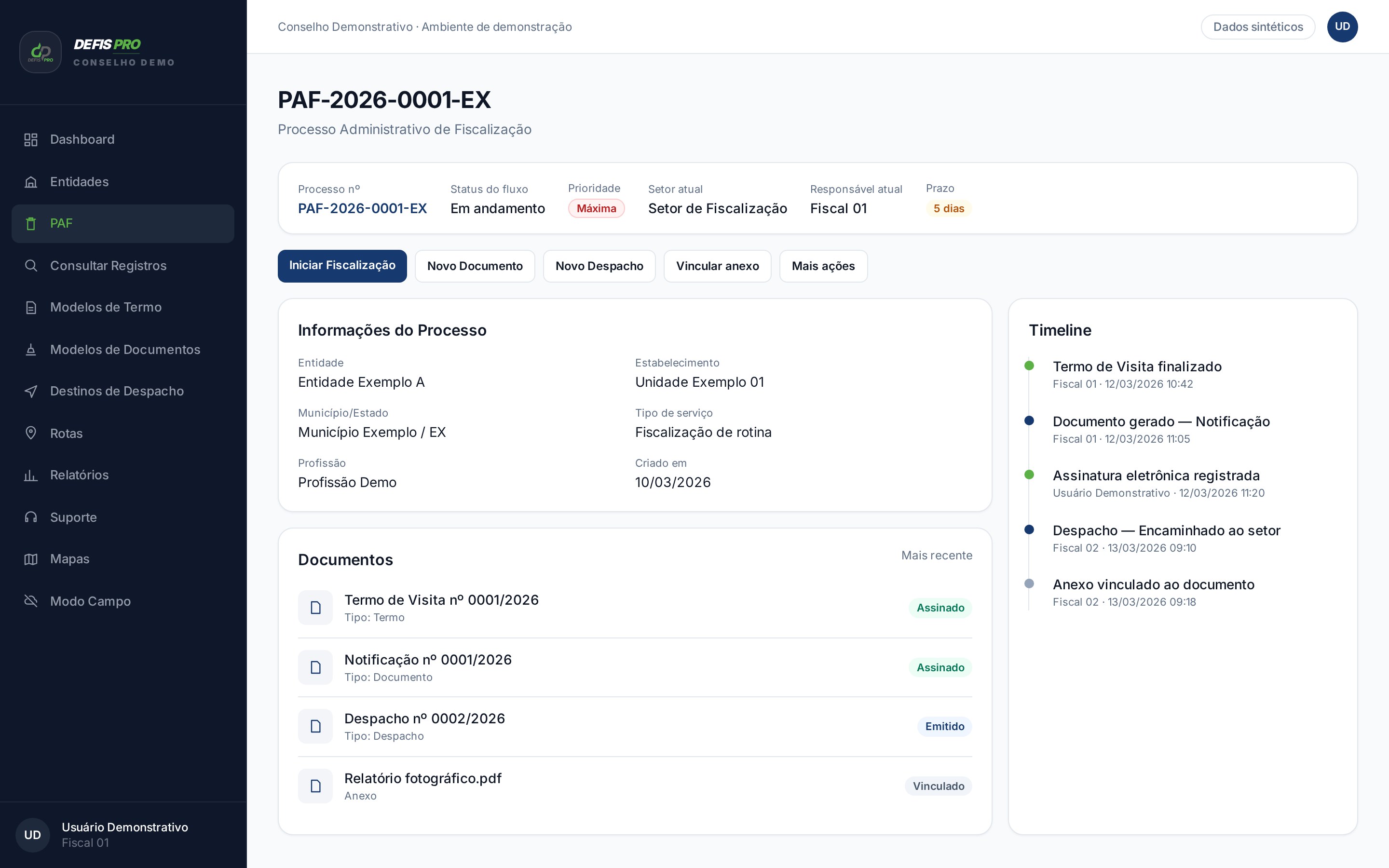 DEFIS PRO — PAF — Processo Administrativo de Fiscalização (Interface demonstrativa baseada no DEFIS PRO · dados sintéticos)